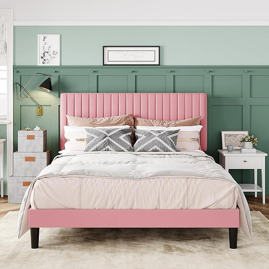 Allewie Queen Bed Frame, Velvet Upholstered Platform Bed with Adjustable Vertical Channel Tufted Headboard, Mattress Foundation with Strong Wooden Slats, Box Spring Optional, Easy Assembly, Pink