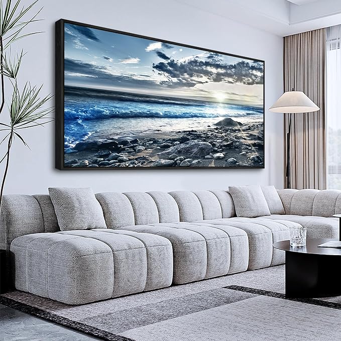 Wapluam Wall Decorations For Living Room Large Canvas Prints Wall Art For Bedroom Office Wall Decor Scenery Wall Painting Blue Sea Pictures Artwork For Fashion Black Framed Beach Posters Home Decor