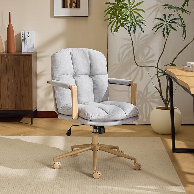 VINGLI Comfy Linen Office Desk Chair With Wheels &Detachable Cushions& Wood-like Armrests,Swivel Small Computer Task Chair,Adjustable for Girl Makeup Vanity,Teen/Kids Study,Nail Tech,Sewing,Light Grey