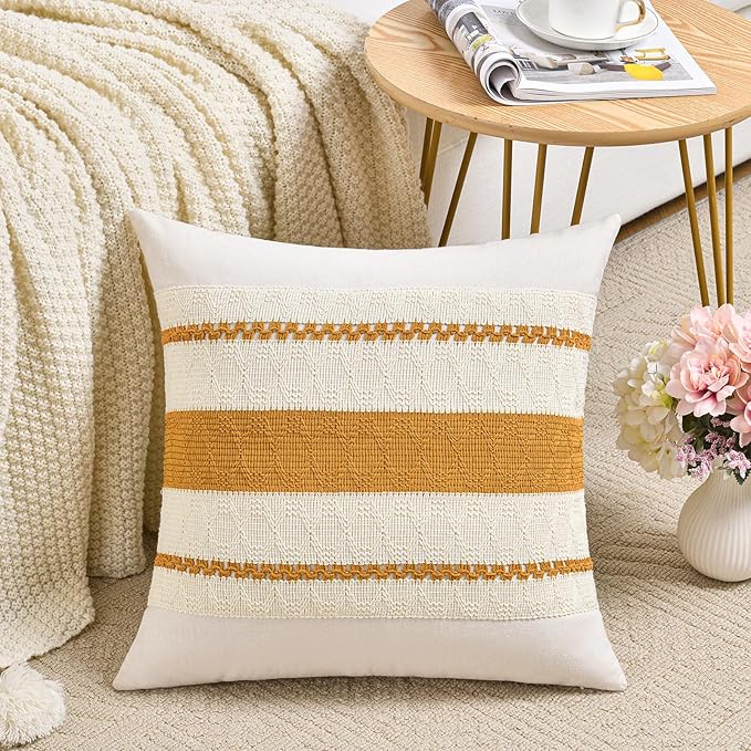 Fancy Homi Set of 2 Mustard Yellow Fall Decorative Throw Pillow Cover 16x16 Inch for Couch Bed Sofa, Autumn Halloween Thanksgiving Home Decor, Soft Cotton Aesthetic Cushion Case