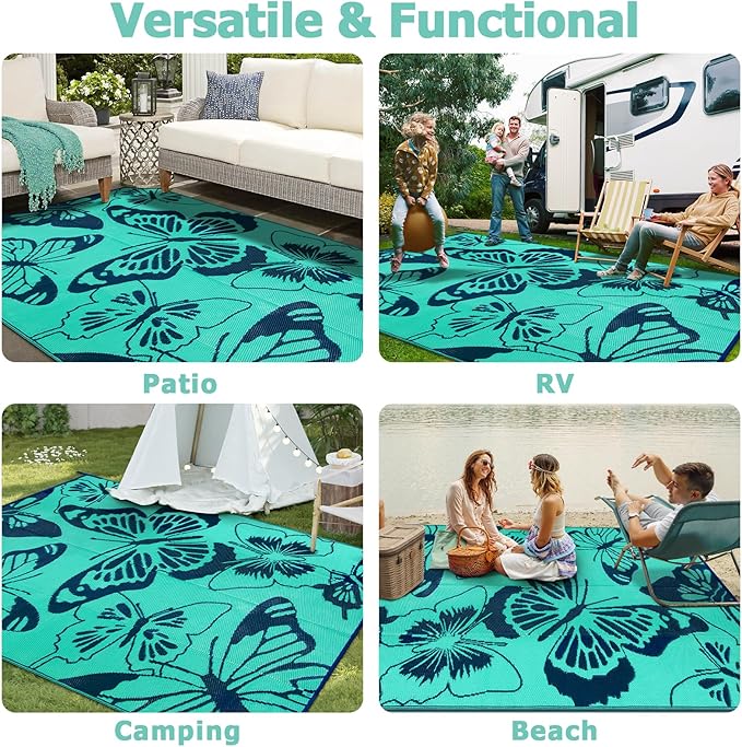 Beeiva Butterfly Outdoor Rug 8x10 Patio Waterproof, 8x10 Reversible Plastic Outdoor Rugs for Patio, Lightweight & Easy Clean Mat for Pool, Balcony, Backyard, Camping, Deck - Teal