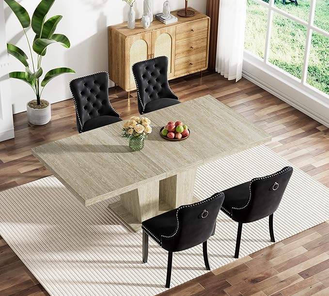 Goujxcy 5-Piece Extendable Dining Table Set for 4, 63-78 Inch Faux Travetine Kitchen Table Set with 4 Black Upholstered Chairs Modern Wood Expandable Dining Room Table Set for Kitchen Apartment