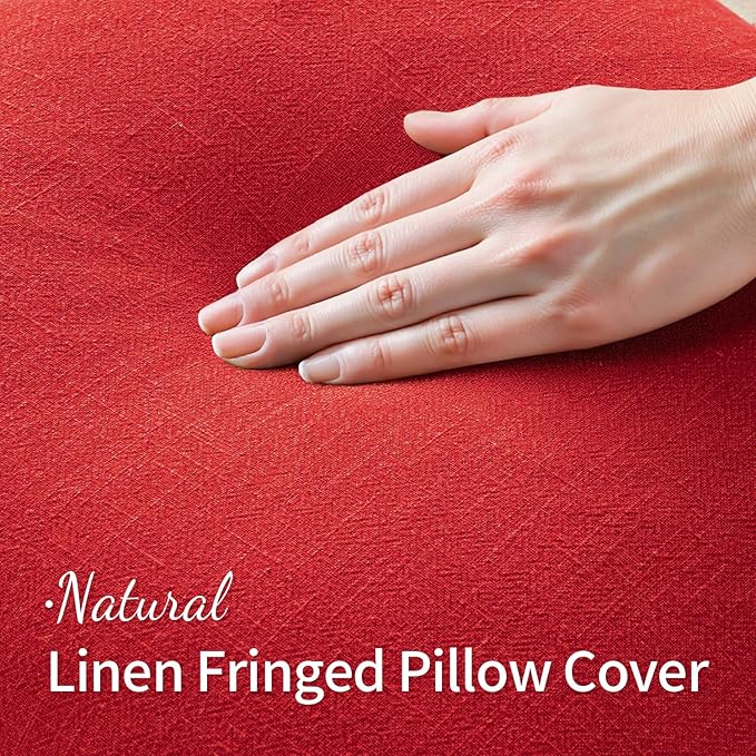 MIULEE Decorative Lumbar Throw Pillow Covers Neutral Linen Fringe Throw Pillows Set of 2 Red Boho Farmhouse Cushion Covers with Tassels for Couch Sofa Bed Living Room Spring Home Decor 12x20 Inch