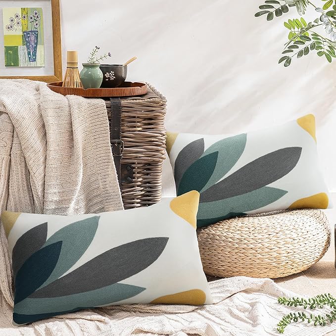 Merrycolor Boho Lumbar Throw Pillow Covers 12x20 Embroidered Abstract Mid Century Modern Pillowcases Bohemian Aesthetic Decorative Pillows for Couch Bed Sofa Living Room 1PC,Plant