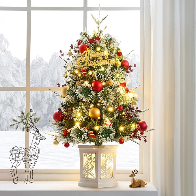 2 Pack Small 3FT Pre-Lit Snow Flocked Christmas Tree with Twinkling Lights for Home Office Christmas Decor- Battery Operated & Timer (Snowflake Base)