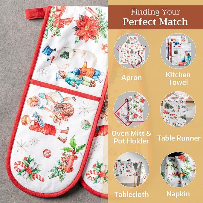 Maison d' Hermine Double Oven Mitt (7" x 35") 100% Cotton Heat Resistant BBQ Cooking Gloves with Loop for Thanksgiving Christmas Decorations Baking Cooking Barbeque Handling Hot Pan (Chromo)