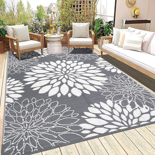 Ileading Reversible Outdoor Rug 5x8Ft Waterproof Patio Rug Carpet Portable Outdoor Plastic Straw Rug Large RV Camping Mat Rug for Patio, Clearance, Deck, Beach, Porch, Camping, Picnic, Flower Grey