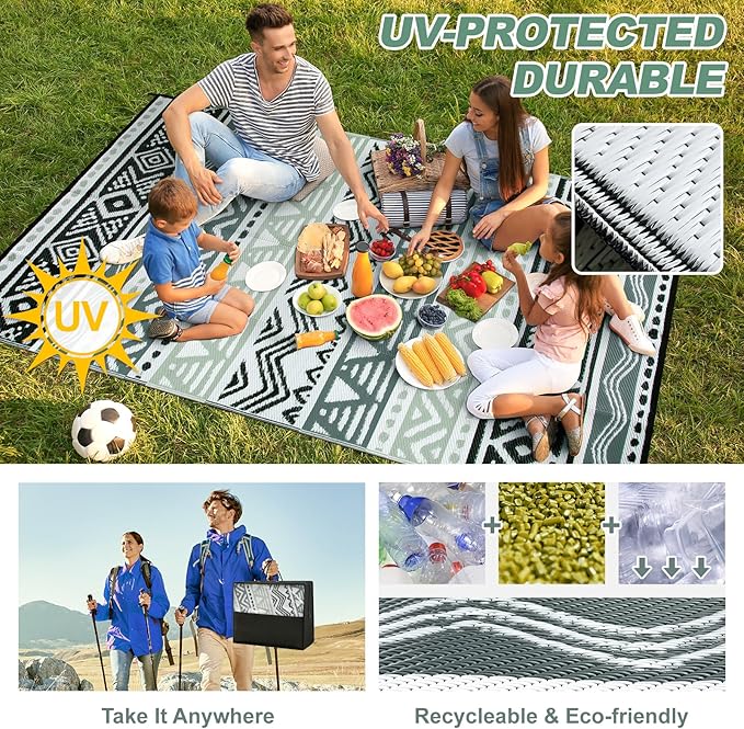 Lahome Outdoor Rug Waterproof, 6x9 Reversible Outdoor Plastic Straw Rug for Camping, RV Patio Rugs Large Carpet for Porch Deck Backyard Balcony Picnic(Grey/Black,6'x 9')