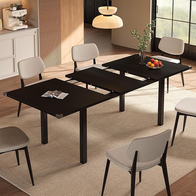 Extendable Dining Table for 4-6, 63" Modern Kitchen Table, Farmhouse Dining Room Tables for Dining, Kitchen, Office, Living Room, Rectangular Wooden Tables, Space Saving (Black)