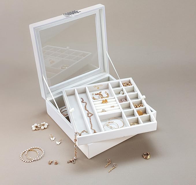 Co 28 Section Jewelry Box - 2 Layer - Buckle Snap & Magnet Closure - Large Glass Top - Leather Design - White - Jewelry Organizer for Women & Girls - for Earring Ring Necklace & Bracelet