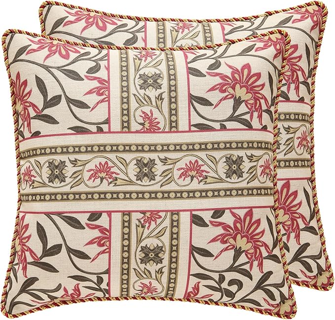 patdrea Designer Throw Pillow Covers 18X18 Inches,Vintage Red Linen Pillowcases with Leaves and Flower Pattern Pillows Cover for Couch,Decorative Square Cushion for Living Room Outdoor,Set of 2