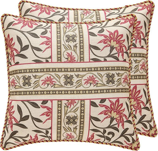 patdrea Designer Throw Pillow Covers 18X18 Inches,Vintage Red Linen Pillowcases with Leaves and Flower Pattern Pillows Cover for Couch,Decorative Square Cushion for Living Room Outdoor,Set of 2