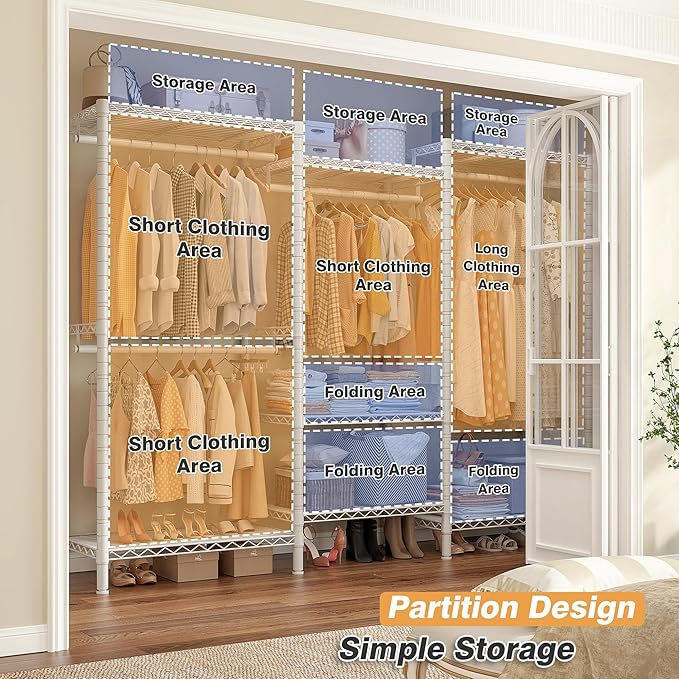 Raybee Heavy Duty Clothes Rack Load 900Lbs, Clothing Rack for Hanging Clothes for Bedroom 77" H x 69'' W x 16'' D,White