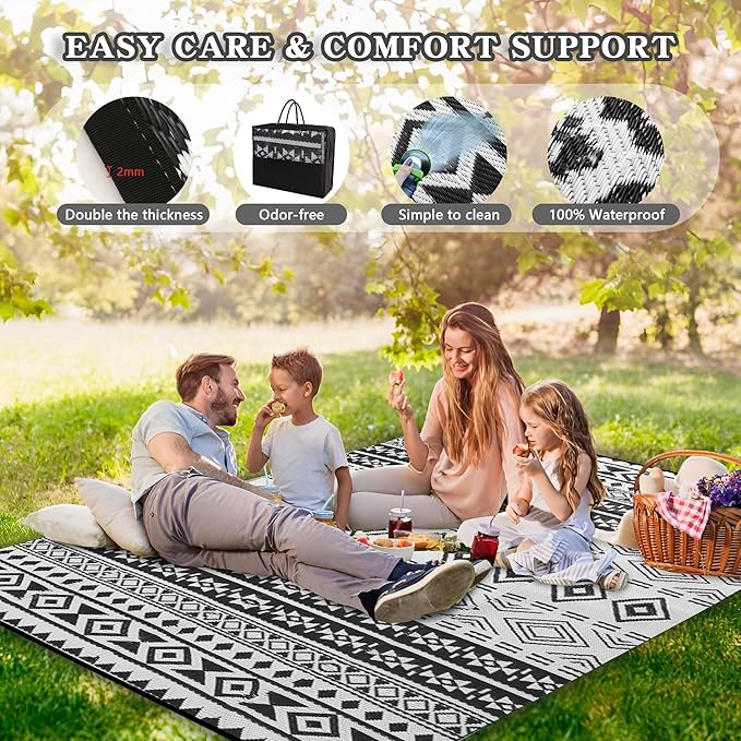 Wallona Outdoor Rugs 5x8 ft Patio Waterproof Clearance Indoor Outdoor Carpet for Patio Plastic Straw Reversible Area Rugs Mat for RV, Camping, Balcony, Beach, Picnic, Porch, Boho Black & White