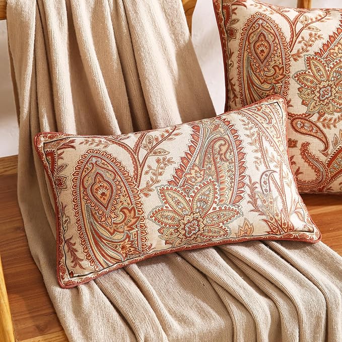 Design Linen Classic Vintage Throw Pillow Covers 12"x20" Pack of 2, Rectangle Cushion Covers with Orange Yellow Paisley Style Pattern Decor Pillowcases for Bed,Living Room,Outdoor,Car