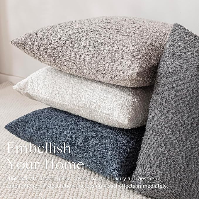 Foindtower Pack of 2 Textured Boucle Throw Pillow Covers Accent Solid Decorative Pillow Cases Cozy Woven Couch Cushion Case for Sofa Bedroom Living Room Home Decor, 20 x 20 Inch,Neutral Grey