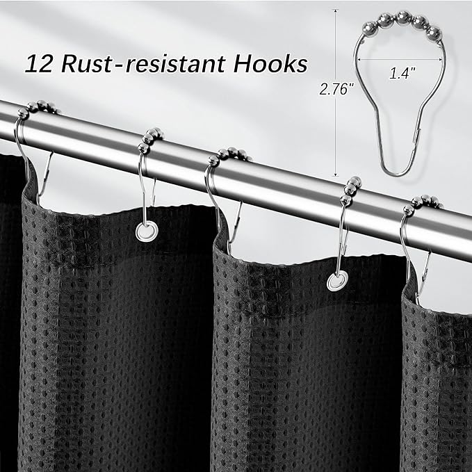 Shower Curtain Black Waffle Textured, 256GSM Heavy Duty Weighted Fabric Shower Curtains, Hotel Quality Luxury Polyester Water Repellent Bathroom Curtain with 12 Hooks, 72Wx78H