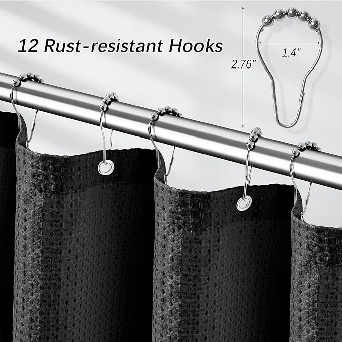 Black Shower Curtain 256GSM Heavy Duty Waffle Woven Bathroom Shower Curtains, Weighted Fabric for Hotel Spa Luxury Polyester Bath Curtain with 12 Hooks, 72Wx72H