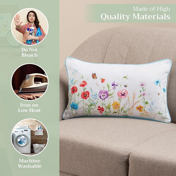 Maison d' Hermine Decorative Pillow Cover 100% Cotton 12"x20" Rectangular Washable Cushion Covers with Invisible Zipper for Couch, Bedroom, Home, Summer Whisper