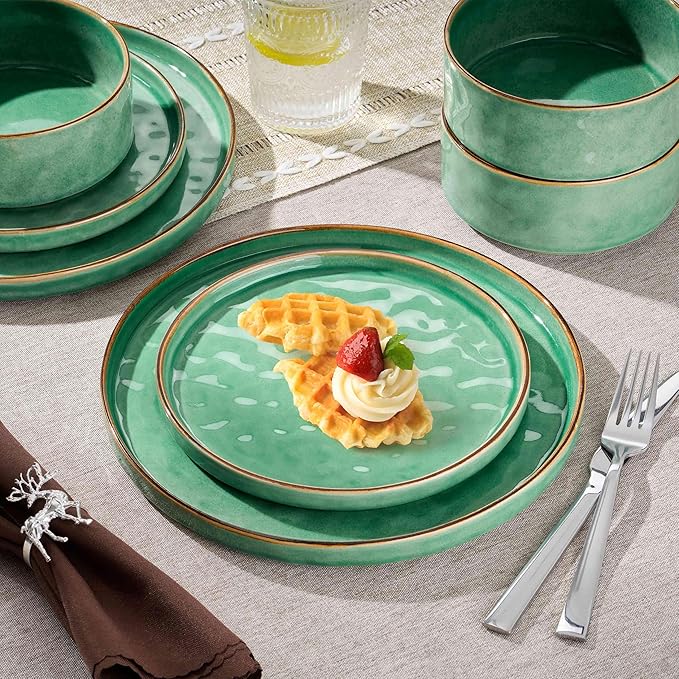 Herogo 18 Pieces Dinnerware Dish Sets, Plates and Bowls Sets for 6, Elegant Kitchen Dinning Dishes, Dishwasher & Microwave Safe, Gemstone Green