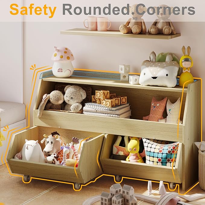 Toy Storage Organizer for Kids, Toy Storage Cabinet with Drawers, Boys and Girls Toy Shelf with Wheels, Toy Organizer Kids Bookshelf with Storage for Nursery, Playroom, Bedroom (Burlywood)