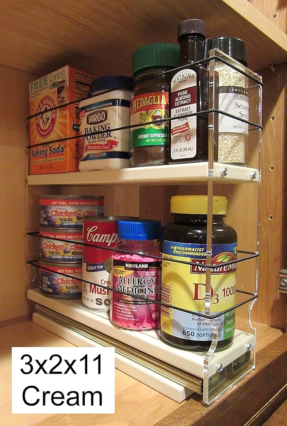 Vertical Spice - Sliding Spice Rack Organizer for Cabinets - Pull Out Shelves for Upper Kitchen Cabinets - Cabinet Organizer/Storage - USA Made - 2 Tiers - 3.45" x 10.75" x 10.6"(Cream, Assembled)