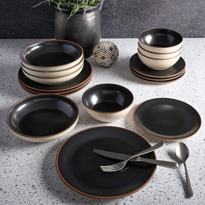 Gibson Elite Contempo Classic Double Bowl Dinnerware Set, Service for 4 (16pcs), Black