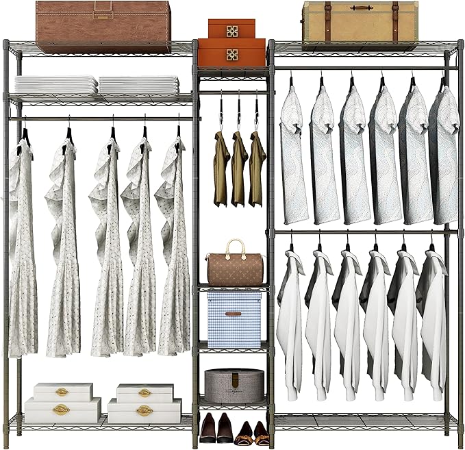 XIOFIO Heavy Duty Wire Garment Rack, Metal Clothing Rack with 4 Hanging Rods and 9 Shelves, Freestanding Open Wardrobe Organizer for Hanging Clothes , 68.5"L x 16.5"W x 76.7"H Max Load 800LBS, Black