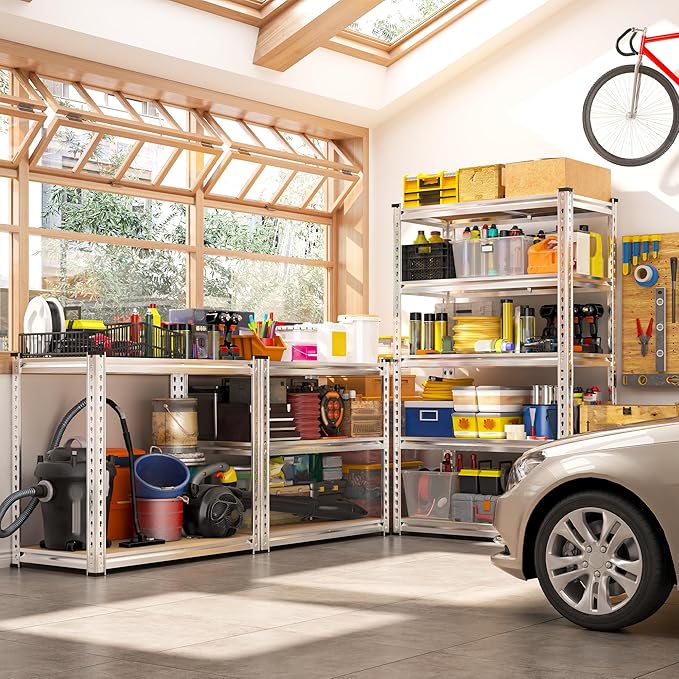 REIBII Storage Shelves 2020LBS Garage Shelving Heavy Duty 5 Tier Metal Shelving Adjustable Pantry Shelves for Kitchen Warehouse Basement 28" W x 12" D x 59.8" H, Silver