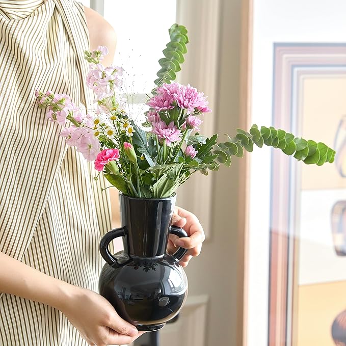 7 Inch Black Ceramic Vase with 2 Handles, Modern Flower Vase Decorative Vases for Bouquet, Unique Vases for Home Decor Farmhouse Living Room Table Centerpieces Wedding Decorations