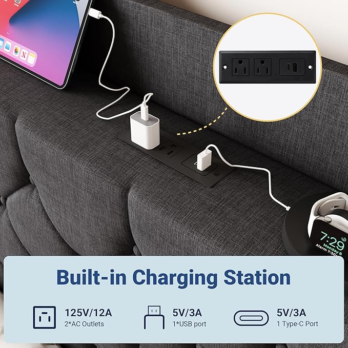 Allewie King Size Bed Frame, Storage Headboard with Charging Station,Wingback Linen Upholstered, Diamond Stitched Button Tufted, Sturdy Wooden Slats, No Box Spring Needed, Easy Assembly, Dark Gray