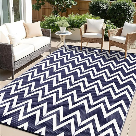OLANLY Waterproof Outdoor Rug 6x9 ft Clearance, Reversible Outdoor Plastic Straw Rug, RV Mat, Indoor Outdoor Carpet for Patio, Camping, Balcony, Deck, Backyard, Navy & White