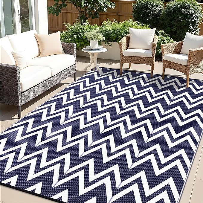 OLANLY Waterproof Outdoor Rug 8x10 ft Clearance, Reversible Outdoor Plastic Straw Rug, RV Mat, Indoor Outdoor Carpet for Patio, Camping, Balcony, Deck, Backyard, Navy & White