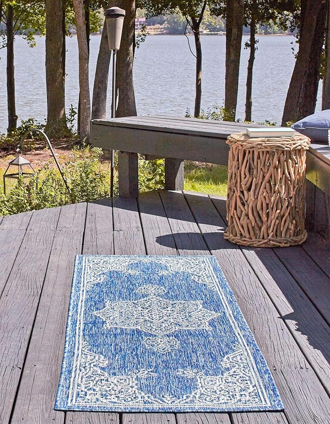 Unique Loom Outdoor Traditional Collection Area Rug - Antique (2' 7" x 10' Runner Blue/Ivory)