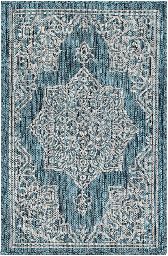 Unique Loom Outdoor Traditional Collection Area Rug - Antique (2' x 3' 1" Rectangle Teal/Ivory)
