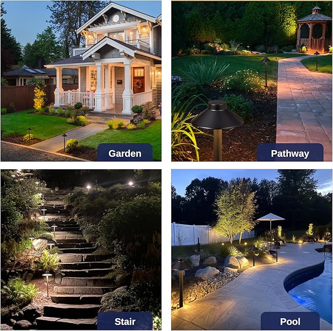 Solid Brass Landscape Path Lights - 12V Black Low Voltage Pathway Light IP65 Waterproof, Outdoor Walkway Fixture Hardwired, Hat-top for Patio Lawn G4 Bulb Not Included (10 Pack)