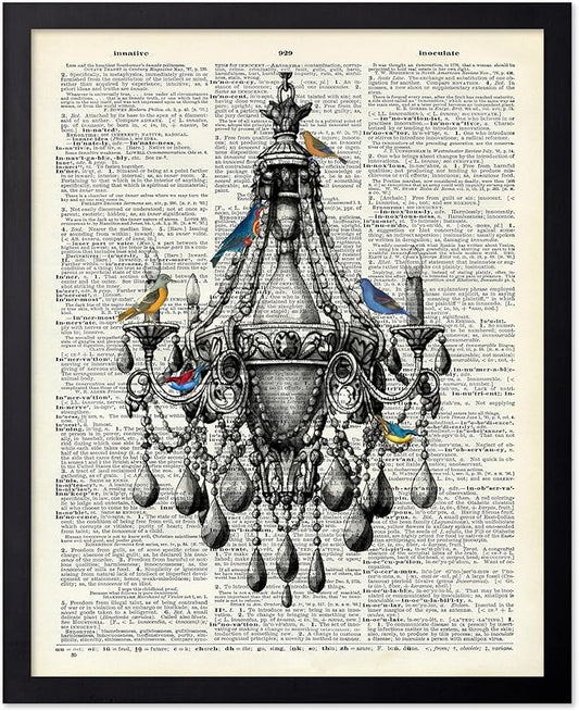 Poster Master Dictionary Art Poster - Antique Chandelier Print - Bird Art - Baroque Art - Gift for Men & Women - Chic Decor for Living Room, Dining Room, Bedroom or Kitchen, 16x20 Black Framed