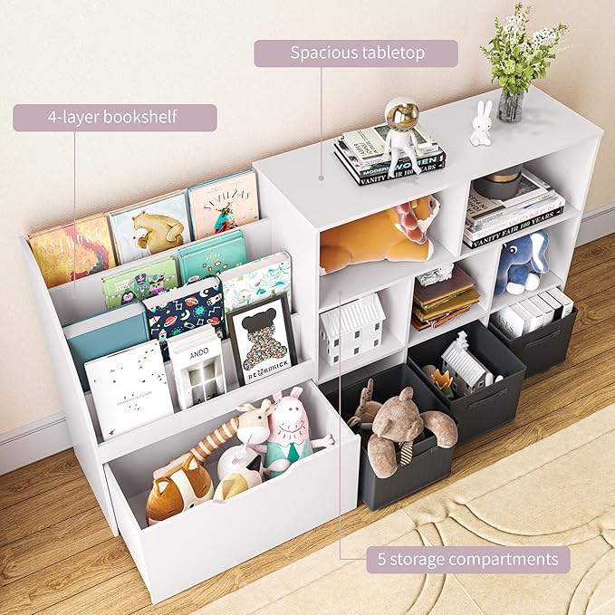 Kids Bookshelf and Toy Storage, Toy Storage Organizers with Movable Drawers & 3 Storage Bins, Kids Reading Nook Toy Organizers Shelf with 5 Cubbies, White