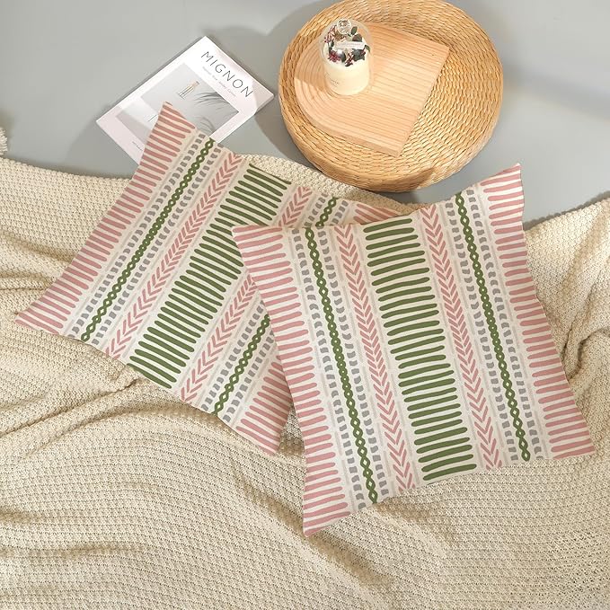 Boho Pillow Covers 18x18 Set of Pink Sage Green Stripes Throw Pillow Covers Outdoor Decoration,Bohemian Abstract Modern Decor Pillowcase Farmhouse Linen Decorative Cushion Cover for Home Couch