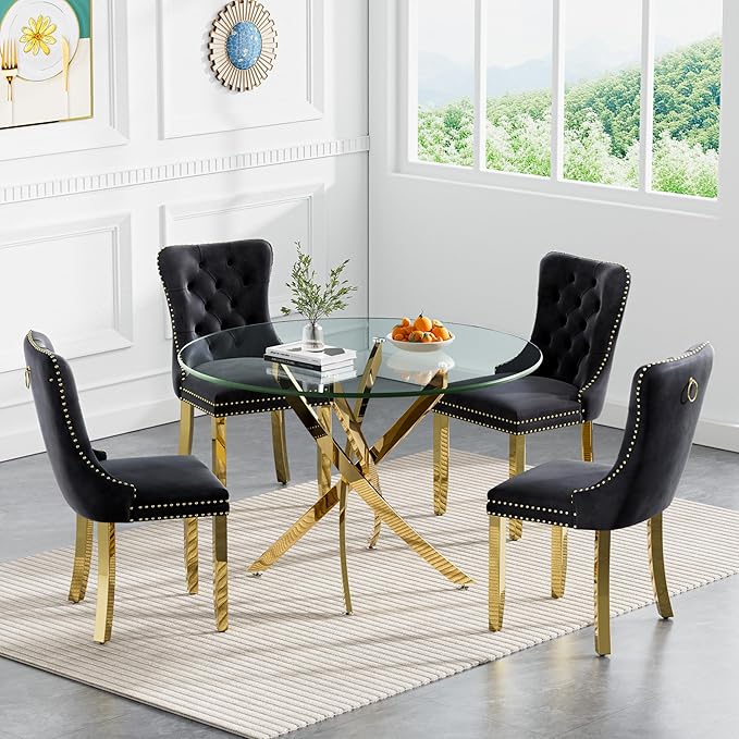 Goujxcy 5 Piece Round Glass Dining Table Set for 4, 36" Round Dining Table & Chair Set Modern Circle Glass Kitchen Table and 4 Velvet Upholstered Chairs for Kitchen Dining (Gold Table & Black Chair)