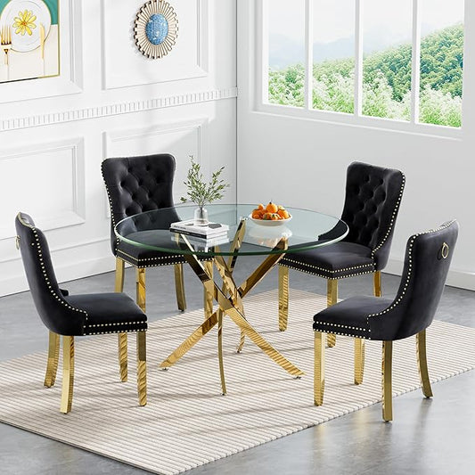 Goujxcy 5 Piece Round Glass Dining Table Set for 4, 36" Round Dining Table & Chair Set Modern Circle Glass Kitchen Table and 4 Velvet Upholstered Chairs for Kitchen Dining (Gold Table & Black Chair)