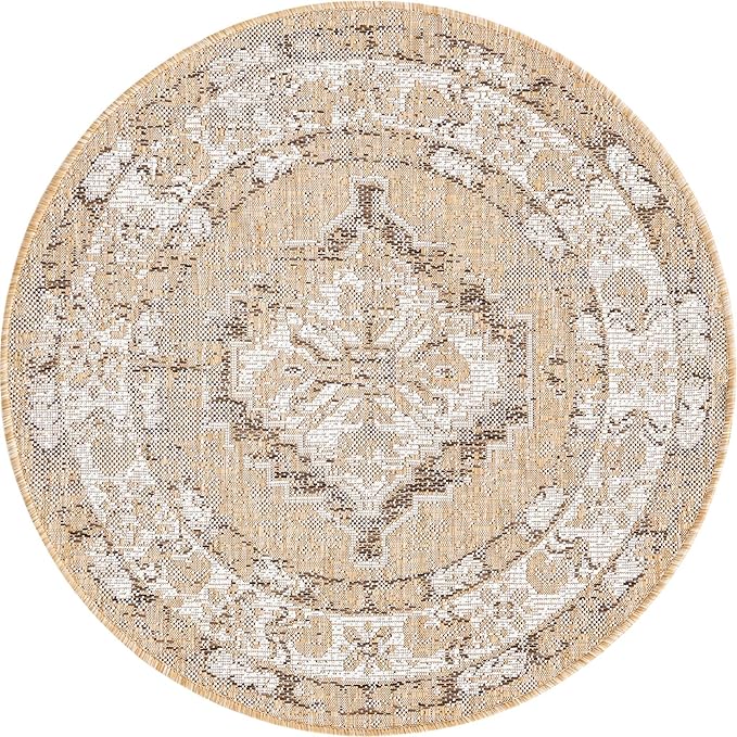 Unique Loom Outdoor Traditional Collection Area Rug - Valeria (3' 1" Round, Natural/ Ivory)