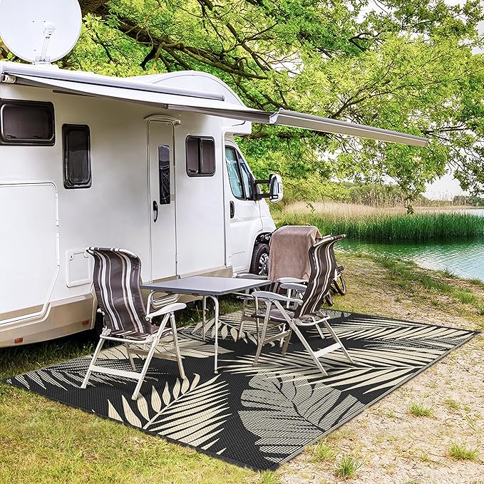 GENIMO Outdoor Rug 8' x 10' Waterproof for Patios Clearance, Reversible Outdoor Plastic Straw Camping Rug Carpet, Large Area Rugs Mats for RV, Camper, Deck, Balcony, Porch, Beach, Picnic, Black&Beige