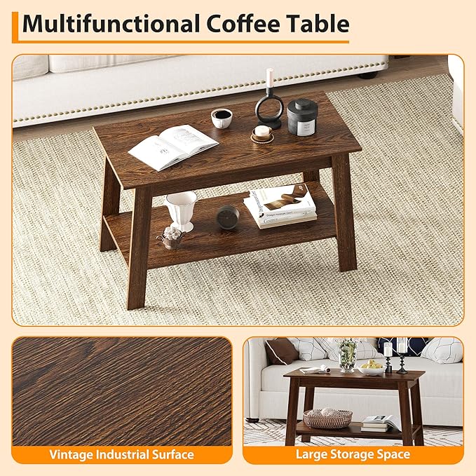 Coffee Table for Living Room, 2 Tier Coffee Table with Storage, Small Rectangular Center Tables with Shelf, Space Saving, Easy Assembly, Light Walnut