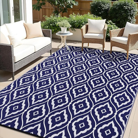 OLANLY Outdoor Rug 5x8 ft Waterproof, Outdoor Plastic Straw Rug with Geometric Pattern Clearance, Reversible RV Mat for Patio, Camping, Balcony, Deck, Backyard, Navy & White