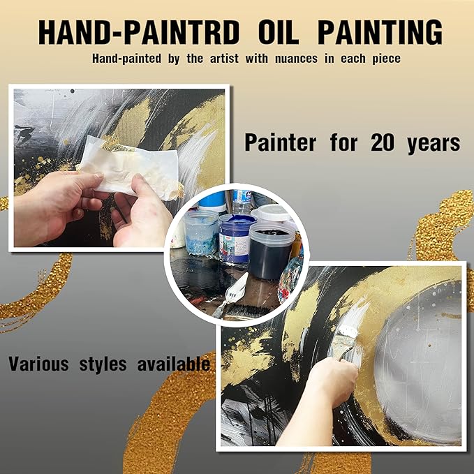 Black White and Gold Wall Art for Living Room Large Size - Hand Painted Wall Art for Bedroom - Abstract Painting Wall Decor Office Size 29" x 59"