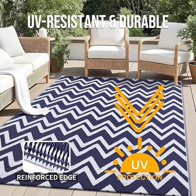 OLANLY Waterproof Outdoor Rug 5x8 ft Clearance, Reversible Outdoor Plastic Straw Rug, RV Mat, Indoor Outdoor Carpet for Patio, Camping, Balcony, Deck, Backyard, Navy & White