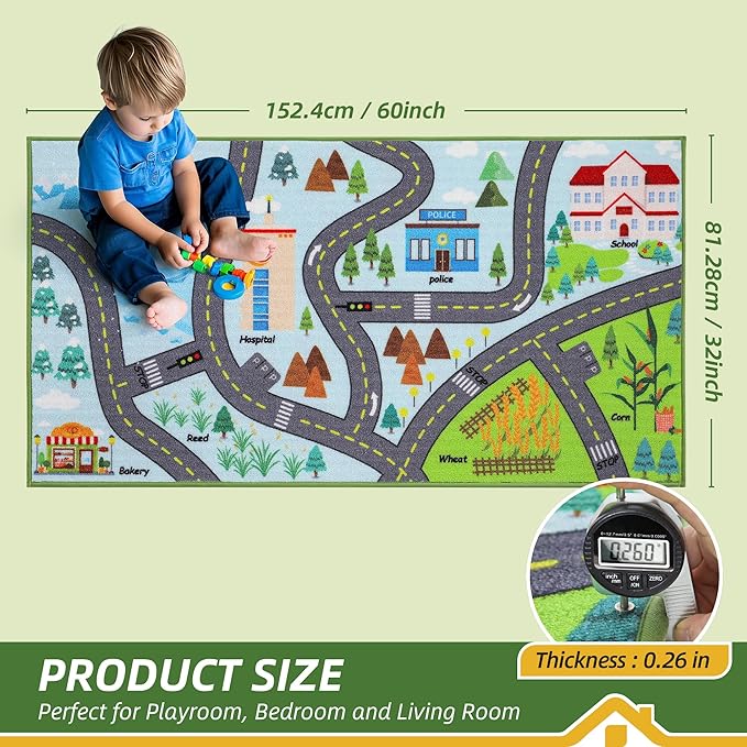 BEQHAUSE Kids Room Rug City Life 2pcs, 32”x60” Educational Road Traffic Kids Rug, Non Slip Washable Play Mat Carpets for Children's Bedroom Playroom Nursery Room Decor