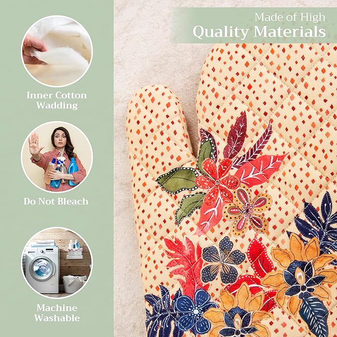 Maison d' Hermine Oven Gloves 100% Cotton Oven Mitt 7" x 13" with Loop Heat Resistant BBQ Cooking Gloves for Thanksgiving Christmas Decorations Baking Handling Hot Pans (Pack of 1, Kalahari)