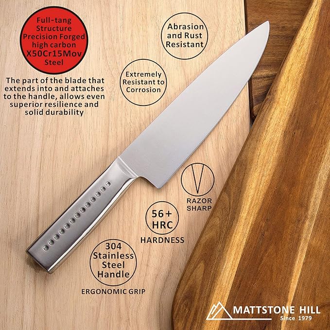 Chef Knife - MATTSTONE HILL 9 Inch Professional Kitchen Knife, German Steel Ultra Sharp Chefs Knife, Vegetable Knife, 304 Stainless Steel Handle